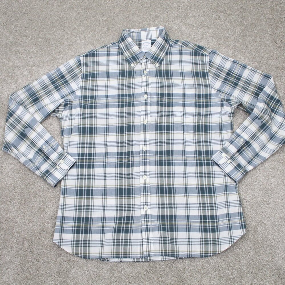 Brooks Brothers Regent Fit Shirt Mens Large Green/Blue Plaid 100% Cotton L/S‎